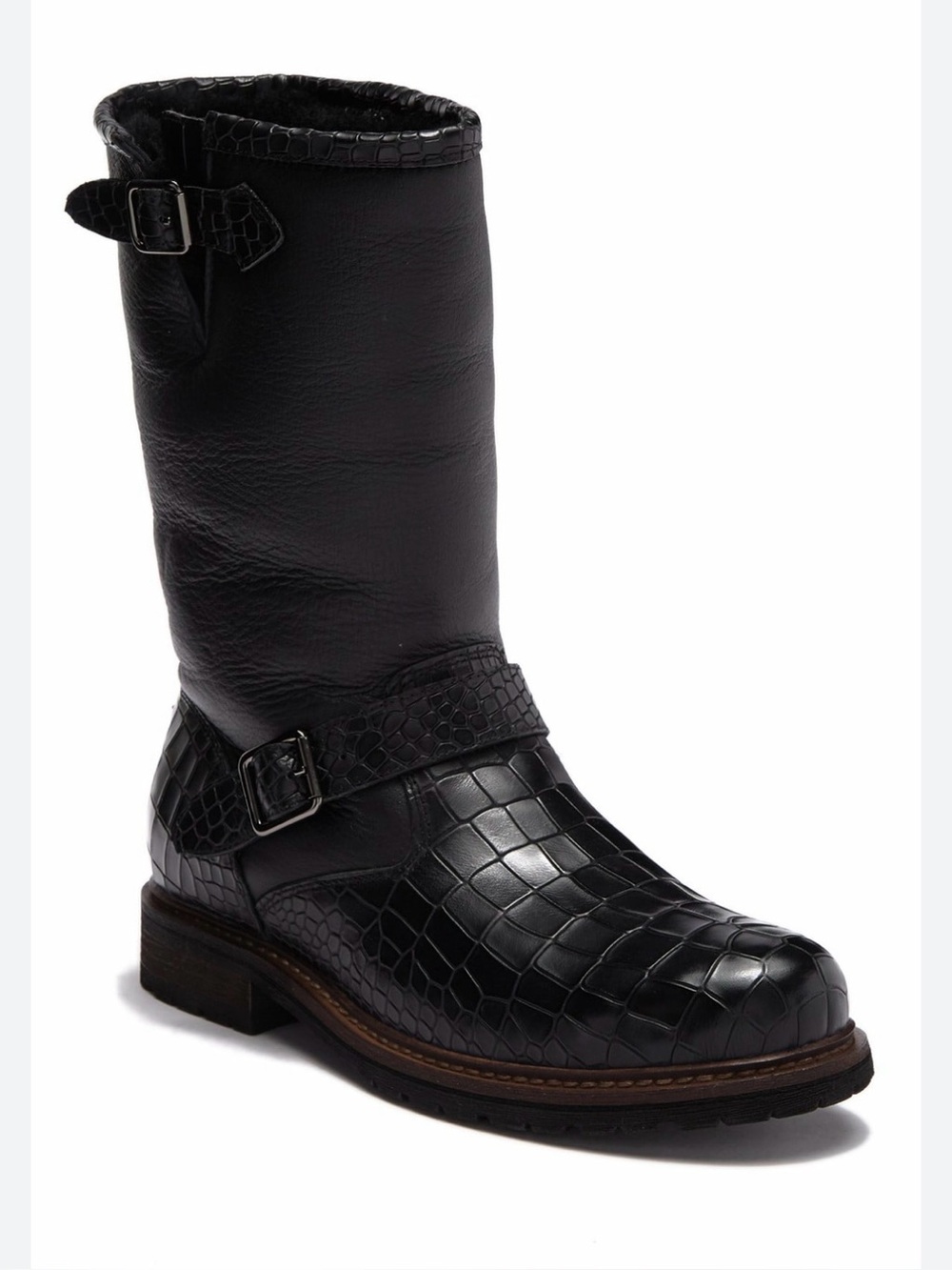 Australia Luxe Tank Crocodile Embossed Leather & Shearling Boot Black Size 11